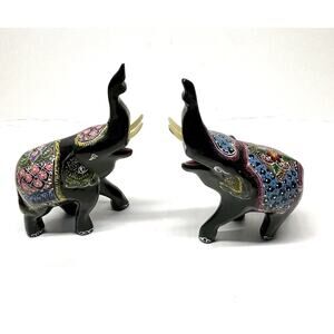 Vintage Japanese Black Lacquer Moriage Style Hand Decorated Colorful Elephants